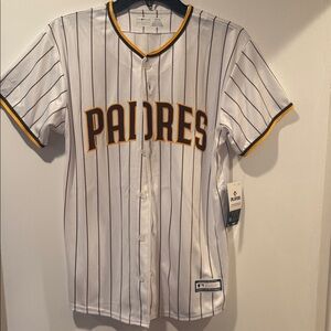 Majestic White and Black Striped Padres Jersey with Gold Accents